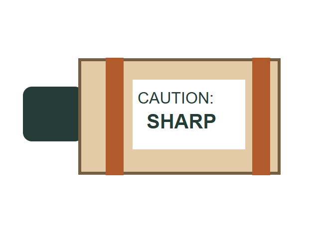 The secured knife package bears a clearly visible CAUTION: SHARP label.
