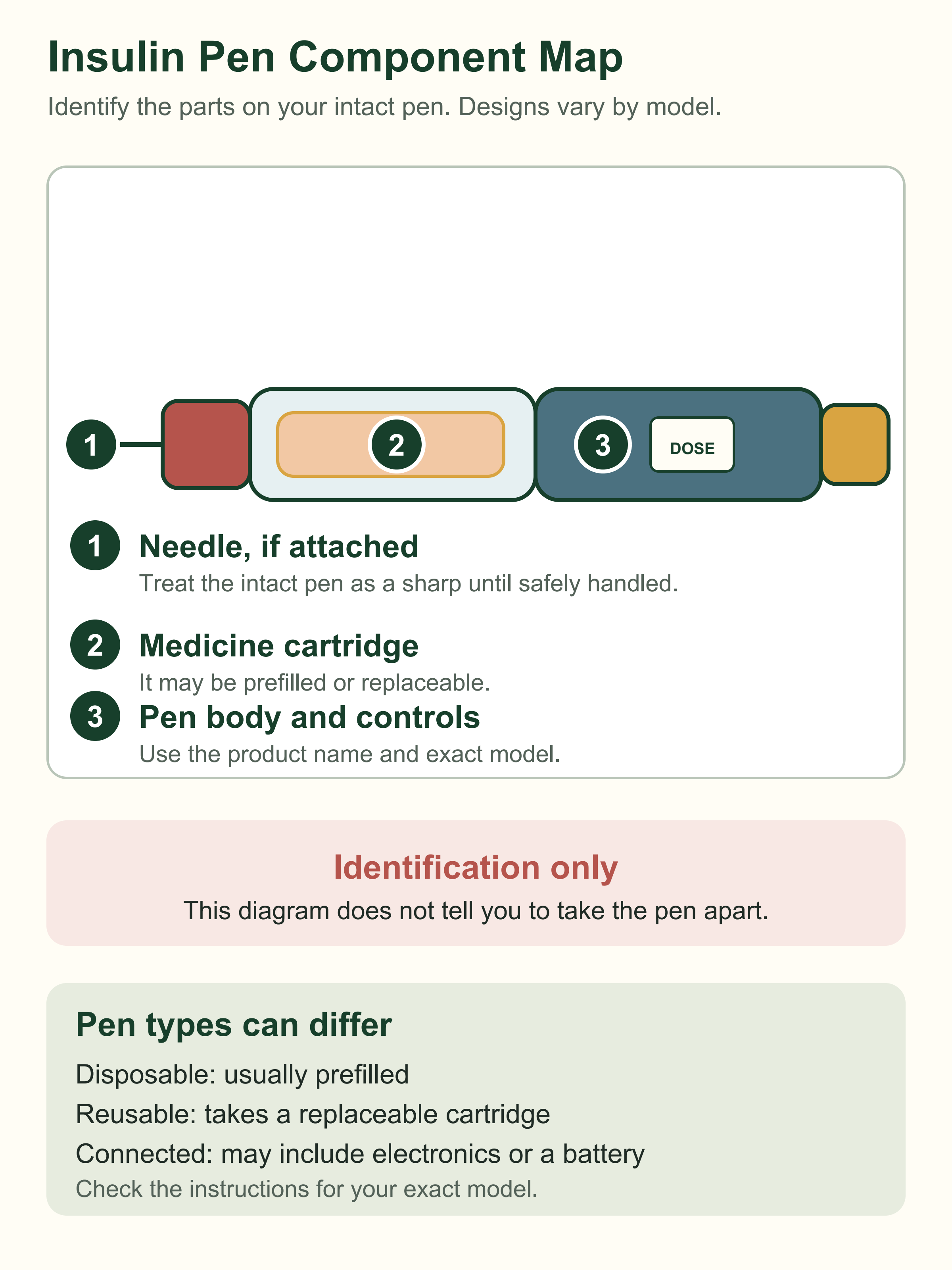 An intact generic insulin pen labeled with a needle, medicine cartridge, and pen body, followed by notes about disposable, reusable, and connected pens.